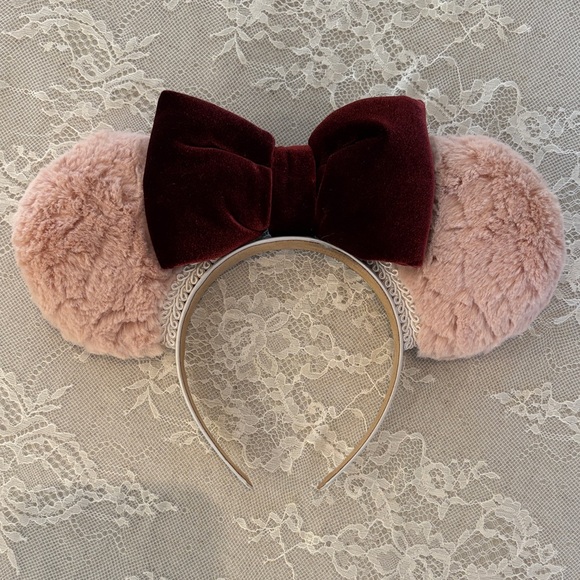 Disney Accessories - Dainty Coquette Plush Blush Pink Minnie Ears Headband with Burgundy Velvet Bow